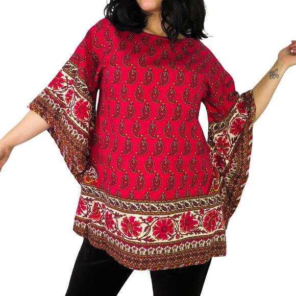 Vintage Red Cranberry Retro Paisley Flowy Tissue Blouse Bell Sleeves Small - Picture 4 of 5
